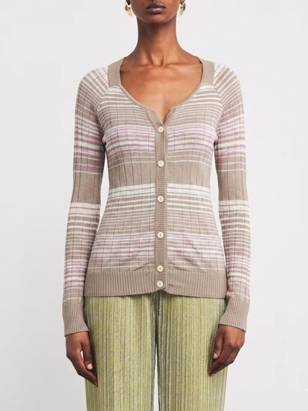 M Missoni Italy Knit Cardigan Beige Pink Striped Button-Up Cream Viscose 42 US 6